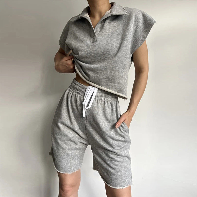 Damen lässiger Freizeitanzug mit hochgeschlossenem Kragen und elastischen Shorts Drune