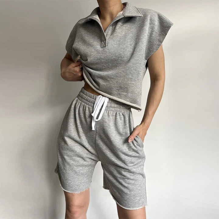 Damen lässiger Freizeitanzug mit hochgeschlossenem Kragen und elastischen Shorts Drune
