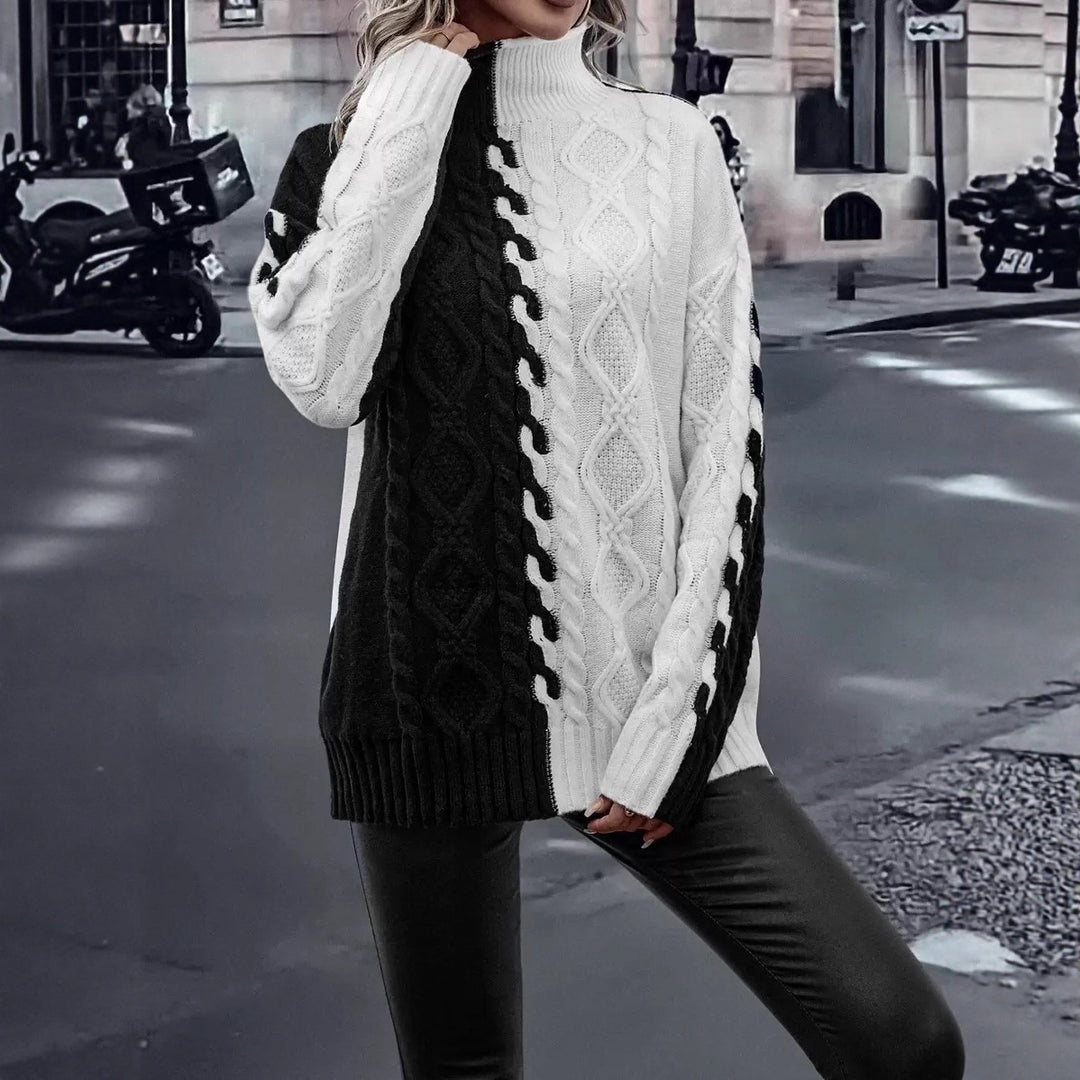 Damen Halblanger Strickpullover mit hohem Kragen und ausgefallenem Zopfmuster Drune