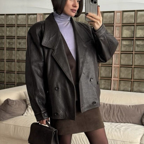 Damen modische Kunstlederjacke mit doppelter Knopfleiste und elegantem Schnitt Drune