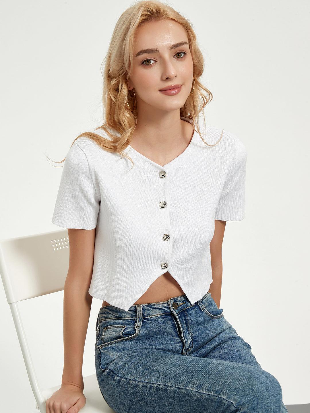 Damen Kurzarm Bluse mit dekorativen Knopfdetails Drune