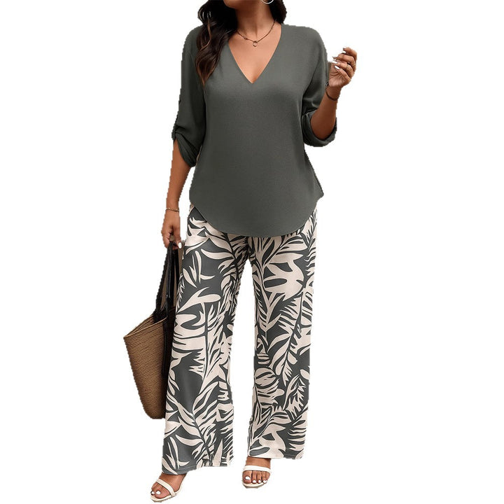 Damen V-förmige Bluse mit lässigem Schnitt und palmenmuster Hosenset Drune