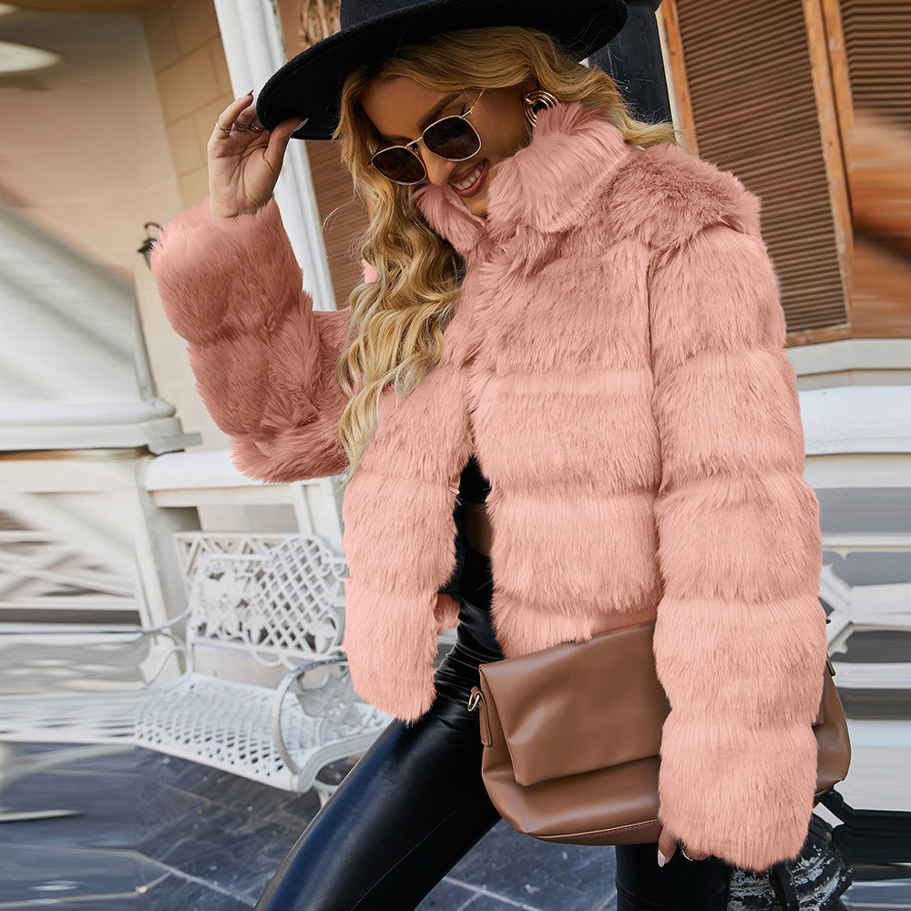 Damen Kurze Kunstpelzjacke mit voluminösen Ärmeln Drune