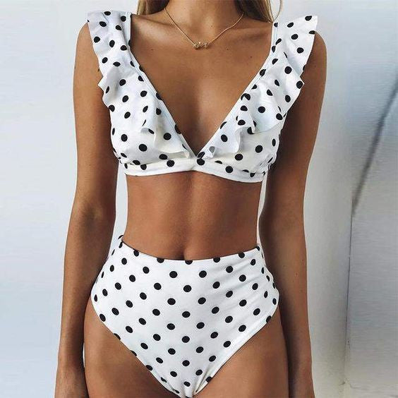 Damen Hoch tailliertes Bikini-Set mit verspielten Rüschen und Pünktchen Drune