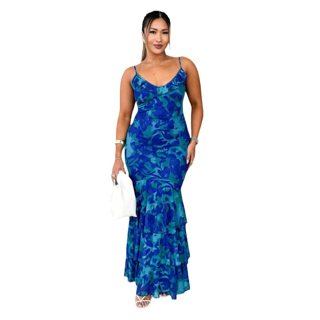 Damen körperbetontes Maxikleid mit Rüschendetails und Spaghettiträgern Drune