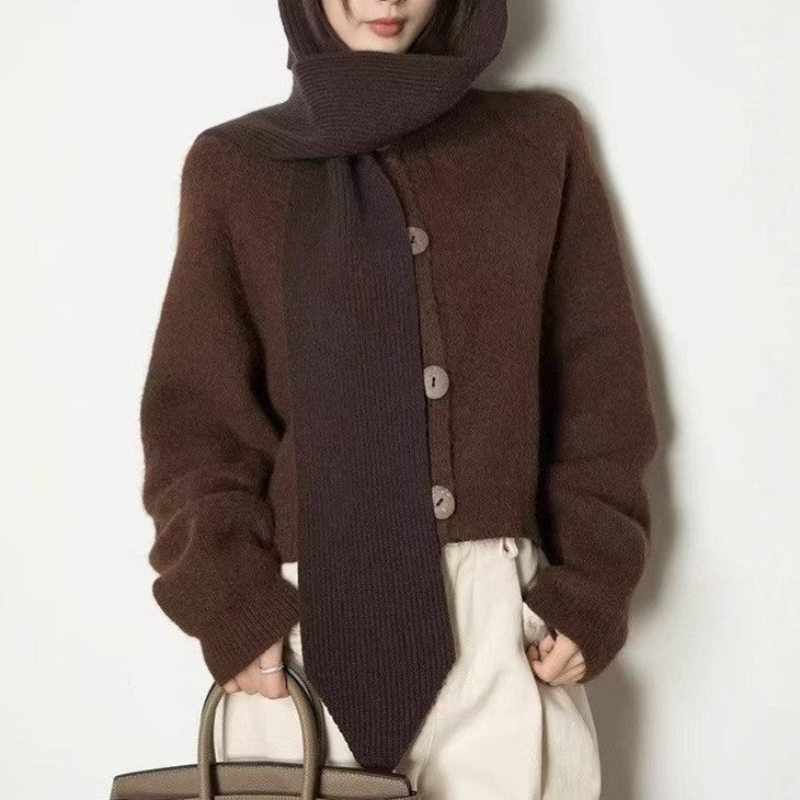 Damen gemütliche Strickjacke mit großen Knöpfen und hohen Kragen Drune