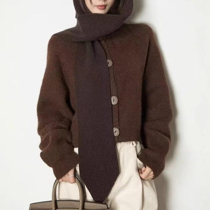 Damen gemütliche Strickjacke mit großen Knöpfen und hohen Kragen Drune