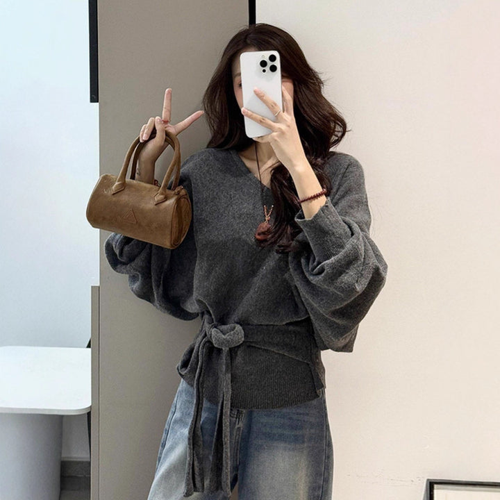 Damen Moderner Pullover mit V-Ausschnitt und wählbarem Bindegürtel Drune
