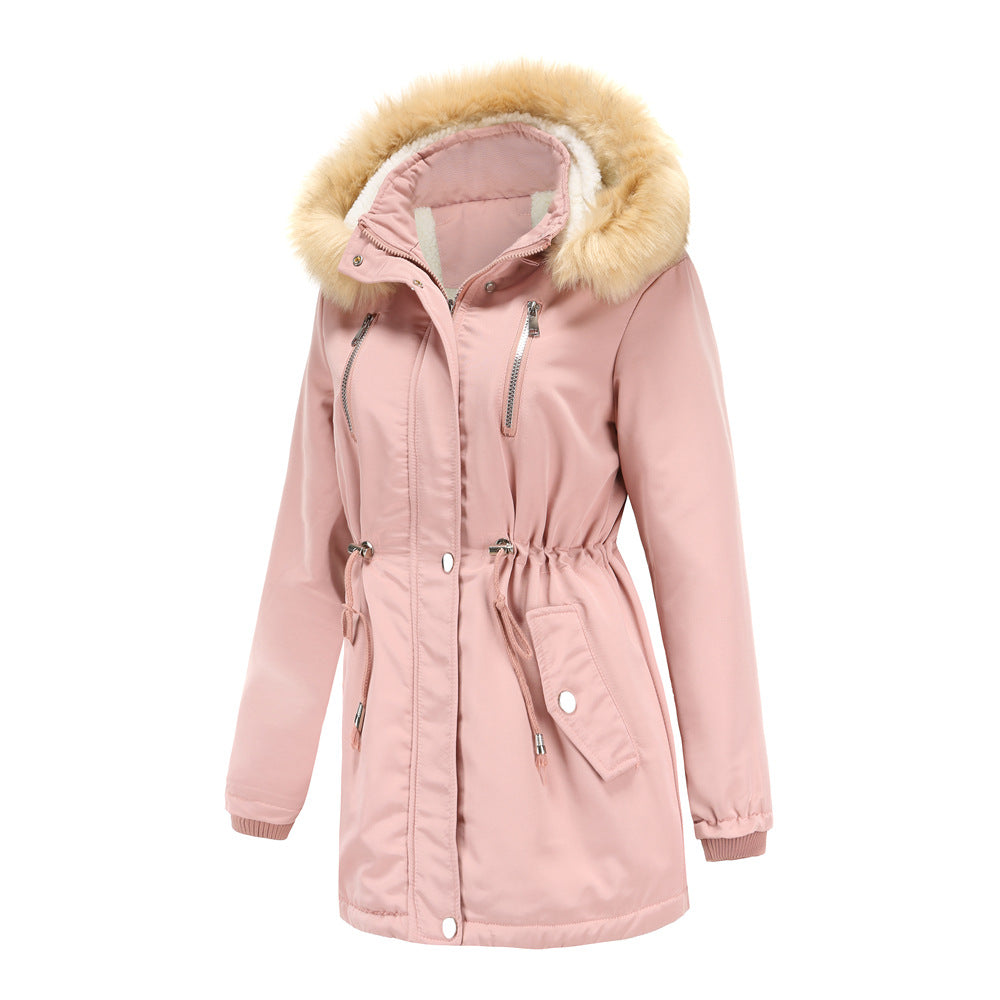 Damen modische Outdoor-Jacke mit abnehmbarem Kunstfellkragen und elastischem Taillenzug Drune
