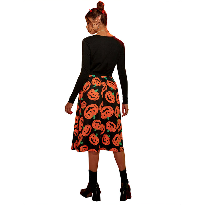 Damen Midikleid mit langen Ärmeln und Halloween-Motiv Drune
