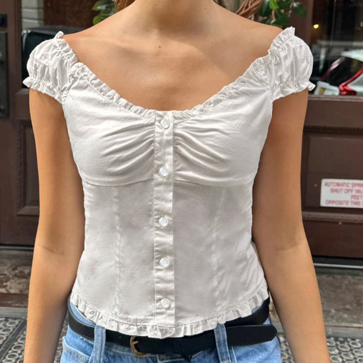 Damen Crop-Oberteil mit Rüschen und Knopfdetails Drune