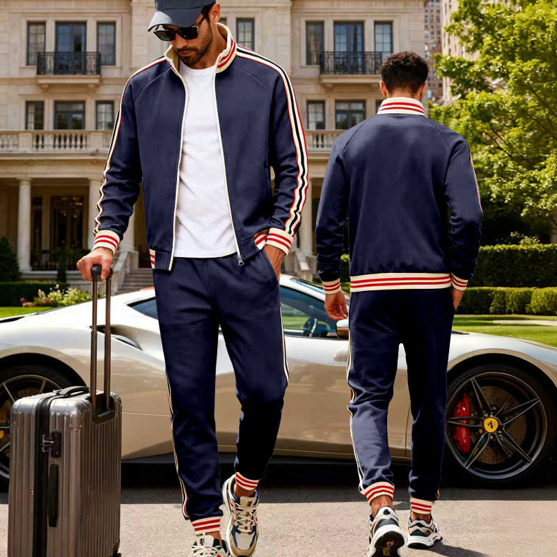 Herren nan sportiver Trainingsanzug mit gestreiften Rippbündchen, Reißverschlussjacke und tapered Jogginghose Drune