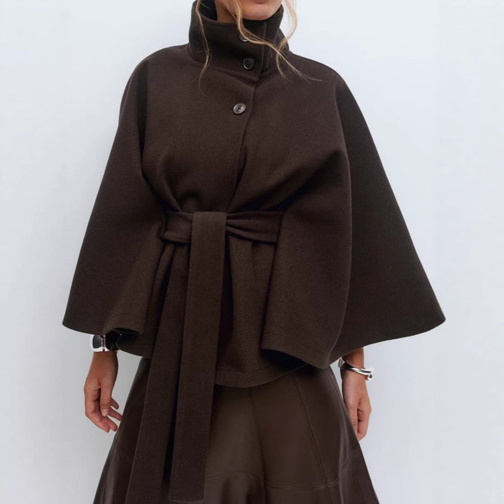 Damen nan kastiges Kurzcape Mantel mit Stehkragen und Bindegürtel Drune