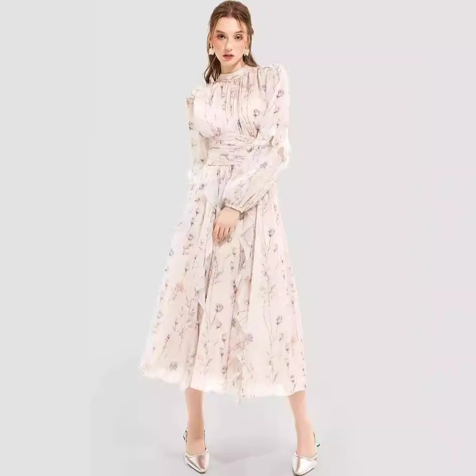 Damen Midi-Kleid mit floralen Stickereien und elegantem Rüschensaum Drune
