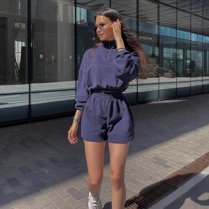 Damen sportliches Cropped Top und Shorts-Set mit Reißverschluss und elastischem Bund
