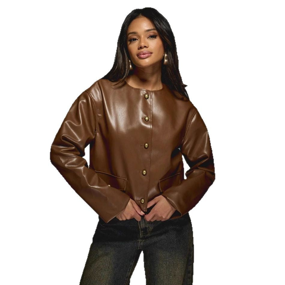 Damen Kunstlederjacke mit glänzendem Finish und dekorativen Knöpfen Drune