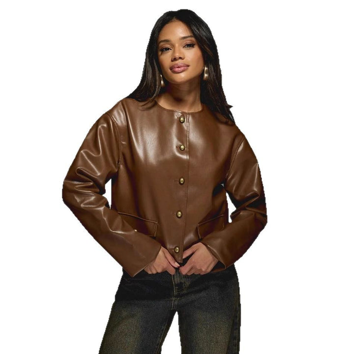 Damen Kunstlederjacke mit glänzendem Finish und dekorativen Knöpfen Drune