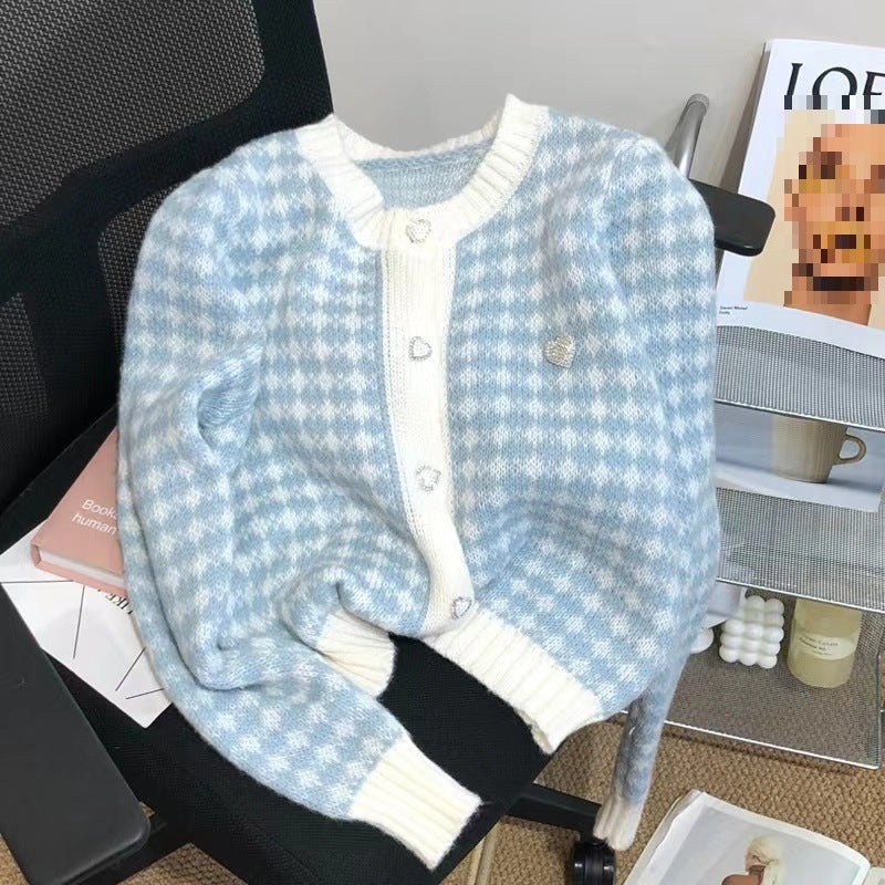 Damen weicher Cardigan mit strukturiertem Karomuster und Herzen Drune