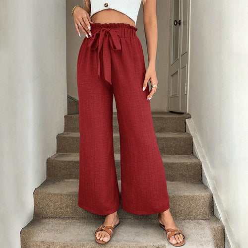 Damen lässige weite Stoffhose mit Gummizug und Bindegürtel Drune