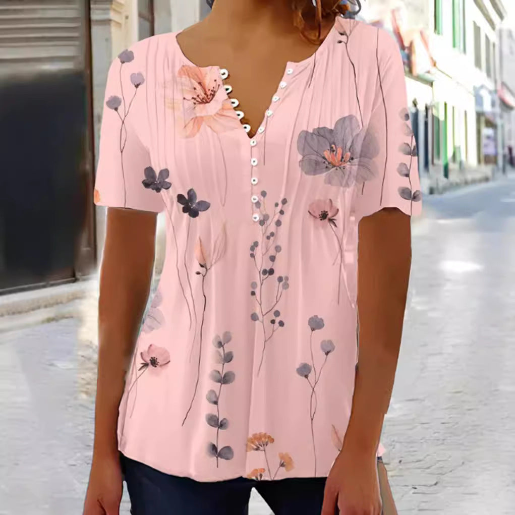 Damen nan leichtes V-Ausschnitt Blusenshirt mit Zierknopfleiste und dezent plissierter Vorderpartie Drune