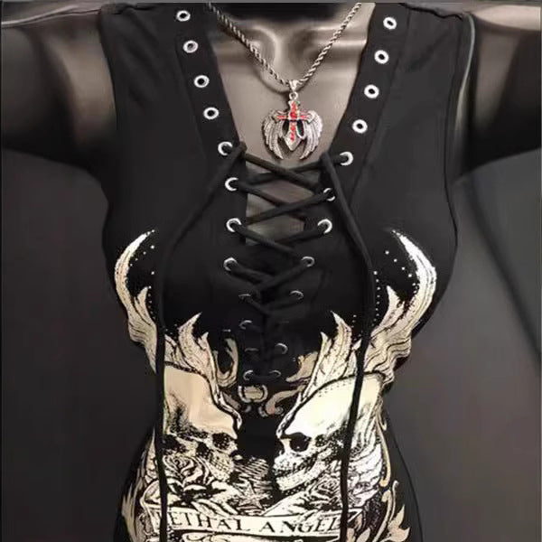 Damen Rockabilly Kleid mit Schnüroptik und grafischem Print Drune
