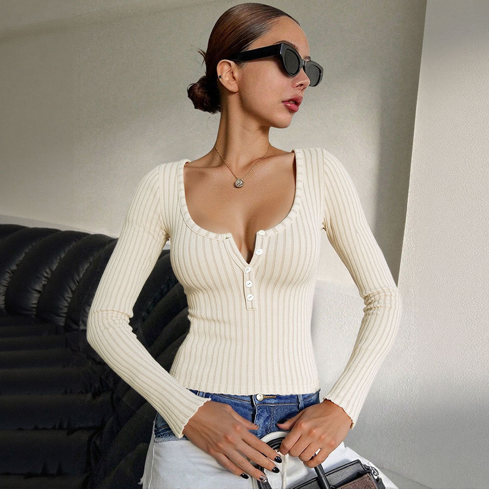 Damen Langarmshirt mit tiefem V-Ausschnitt und Knopfdetails Drune