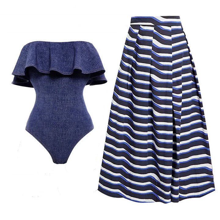 Damen Bandeau Badeanzug mit dekorativen Schleifen und gestreiftem Maxiröckchen Drune