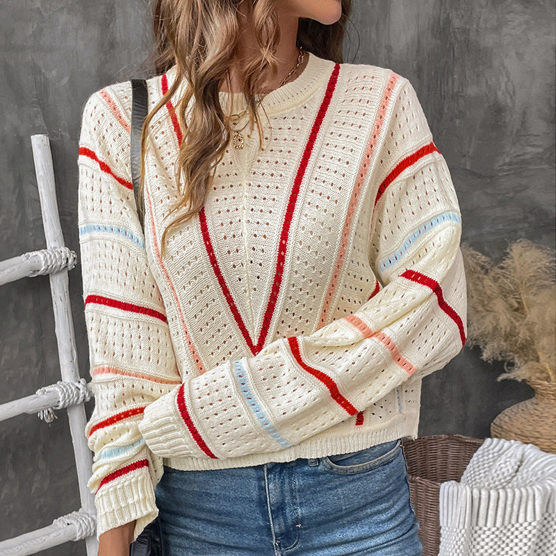 Damen Strickpullover mit modernem Lochmuster und dekorativen Streifen Drune