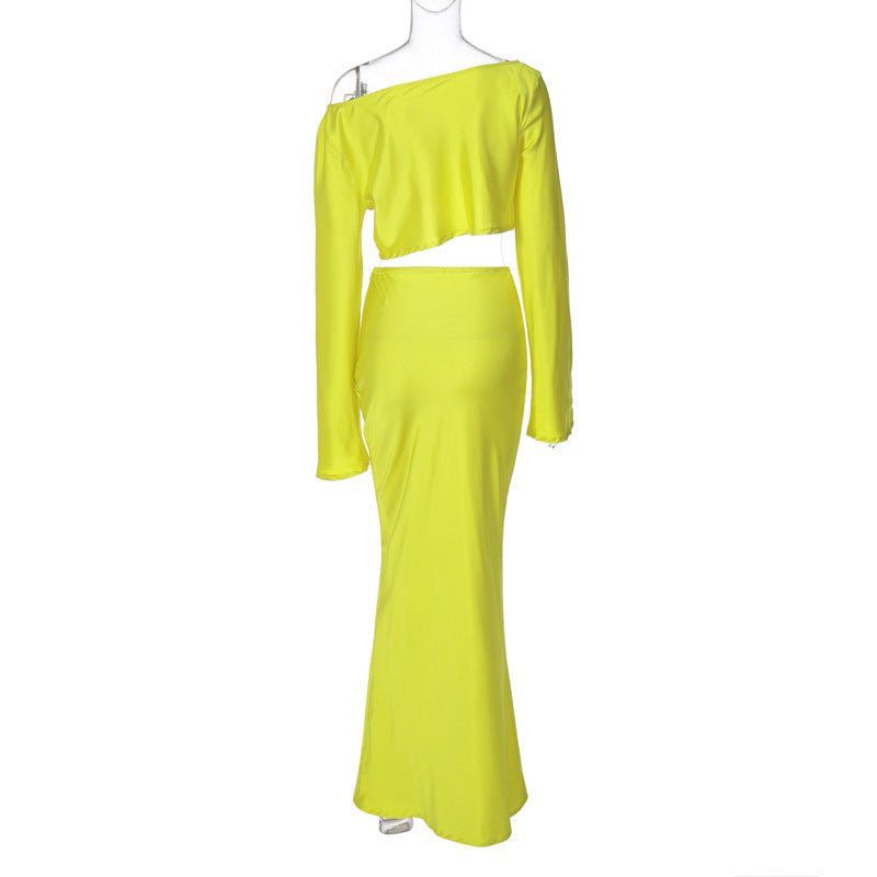 Damen Asymmetrisches Crop-Top mit langem Arm und fließendem Rock Drune