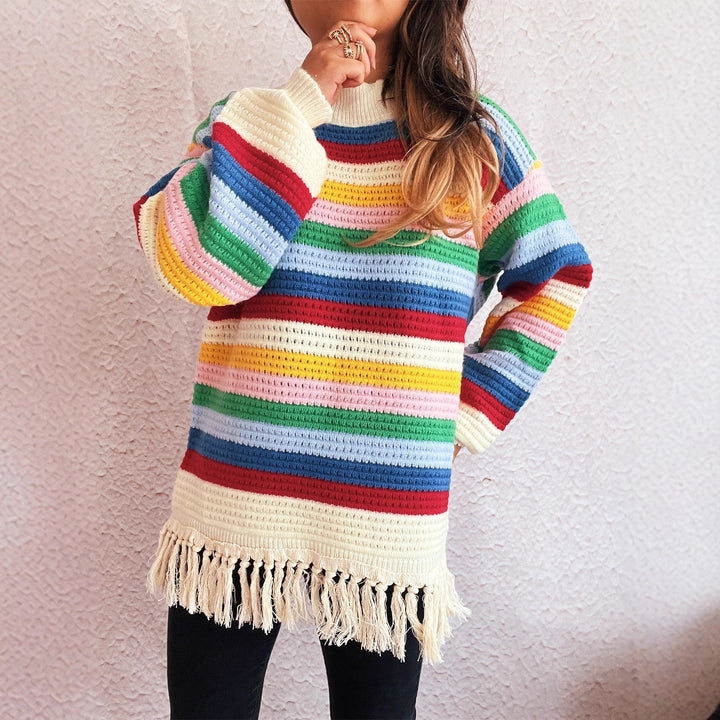 Damen entzückender Pullover mit Fransen und buntem Streifenmuster Drune