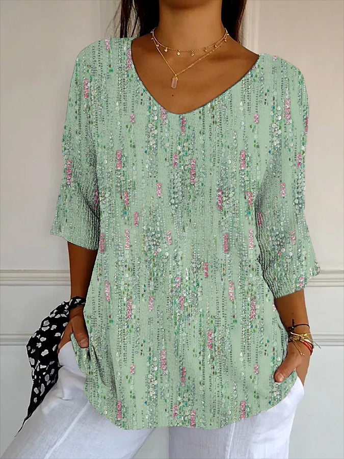 Damen V-Ausschnitt Bluse mit buntem Muster und lockerer Passform Drune