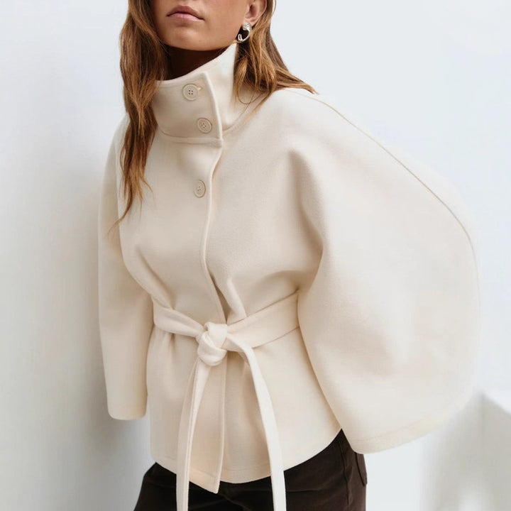 Damen stylische Umhangjacke mit hohem Kragen und Gürtel Drune