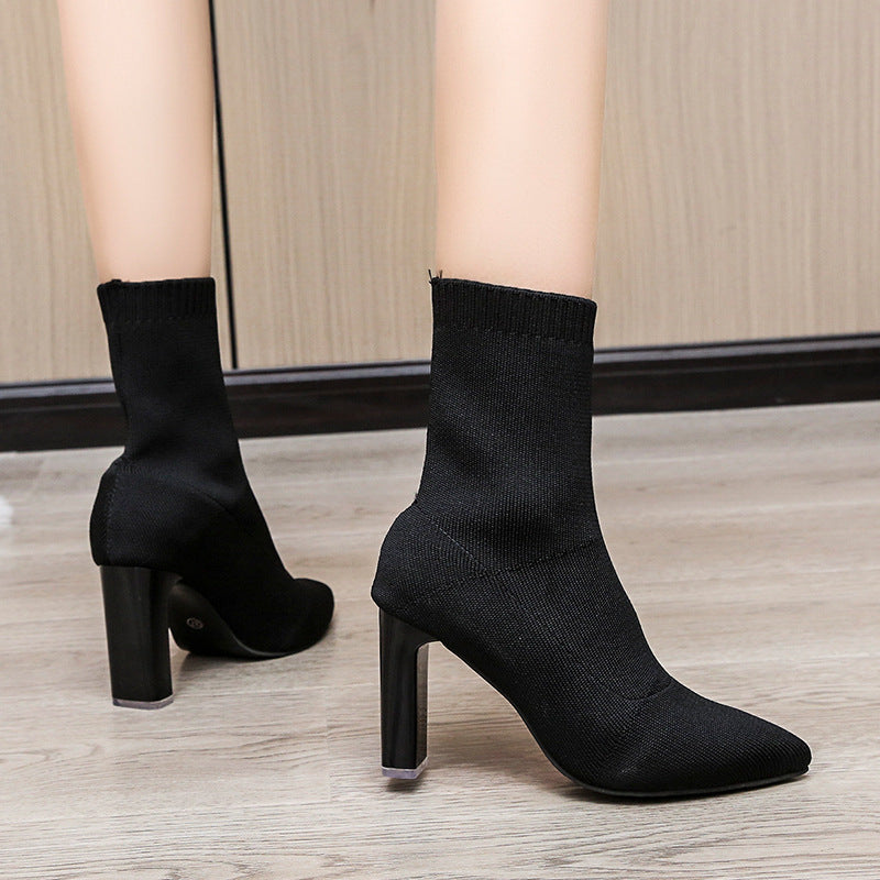 Damen nan gestrickte Sock-Ankleboot mit spitzer Zehenpartie und skulpturellem Blockabsatz Drune