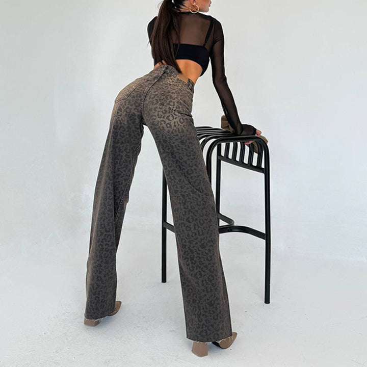 Damen Leoprint Weitlegende Jeanshose mit hoher Taille Drune