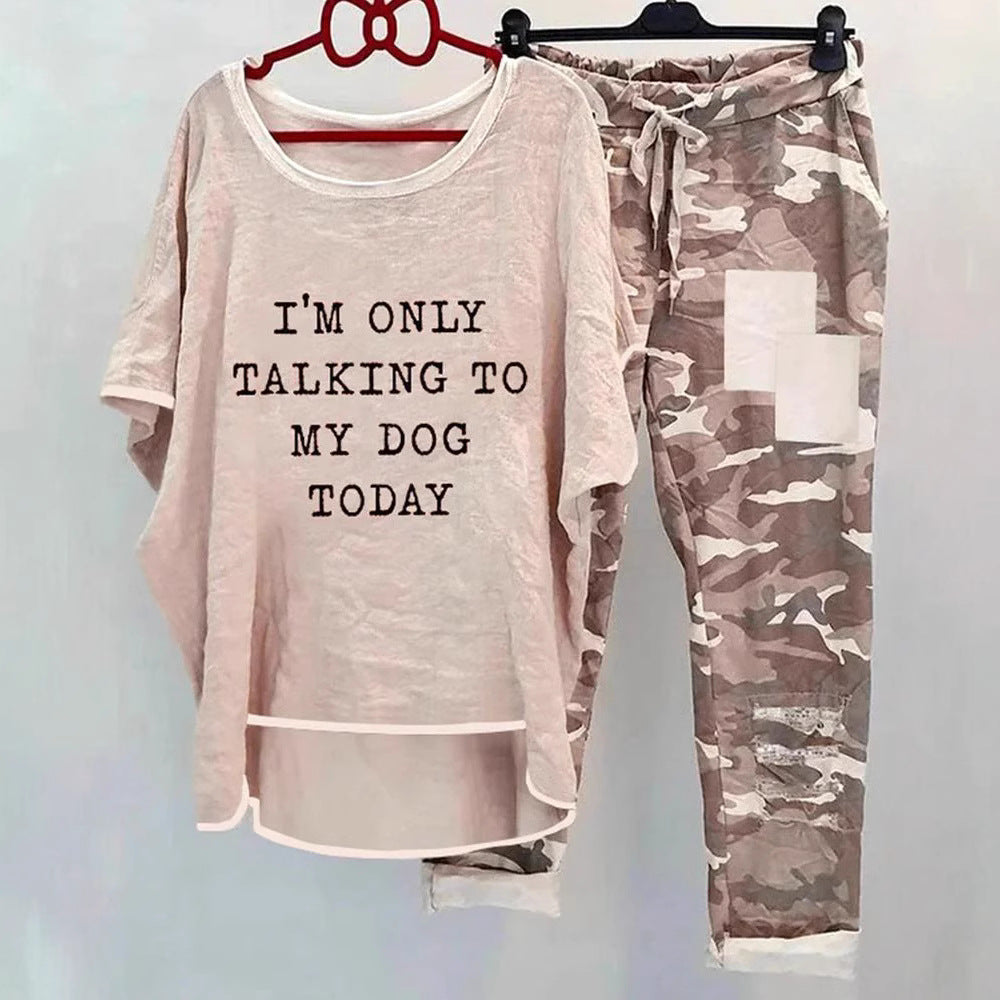 Damen nan weites Freizeit-Set mit Spruchaufdruck, weit geschnittenem Langshirt und Camouflage-Jogginghose Drune