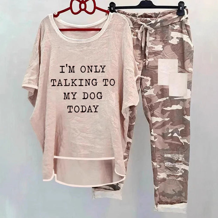 Damen nan weites Freizeit-Set mit Spruchaufdruck, weit geschnittenem Langshirt und Camouflage-Jogginghose Drune