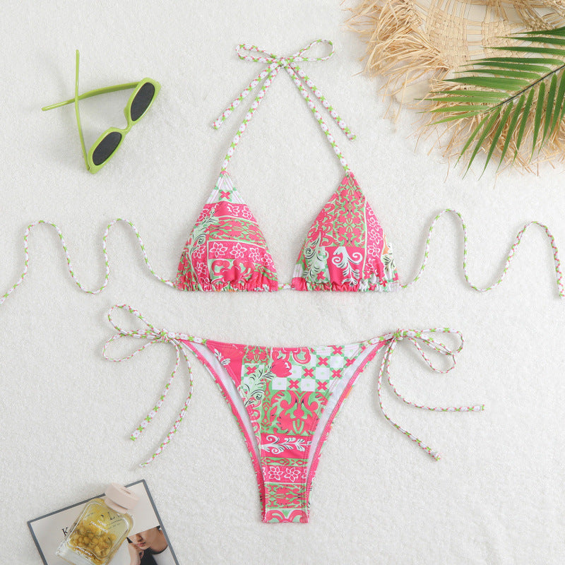 Damen Triangel-Bikini mit floralem Muster und verspieltem Bindeband Drune