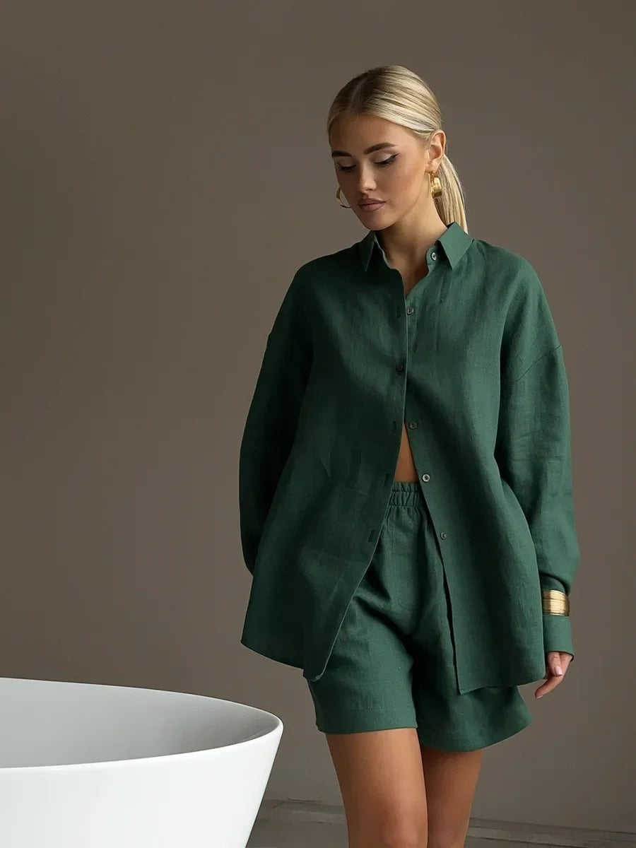 Damen lässige Leinenbluse und Shorts Set Drune