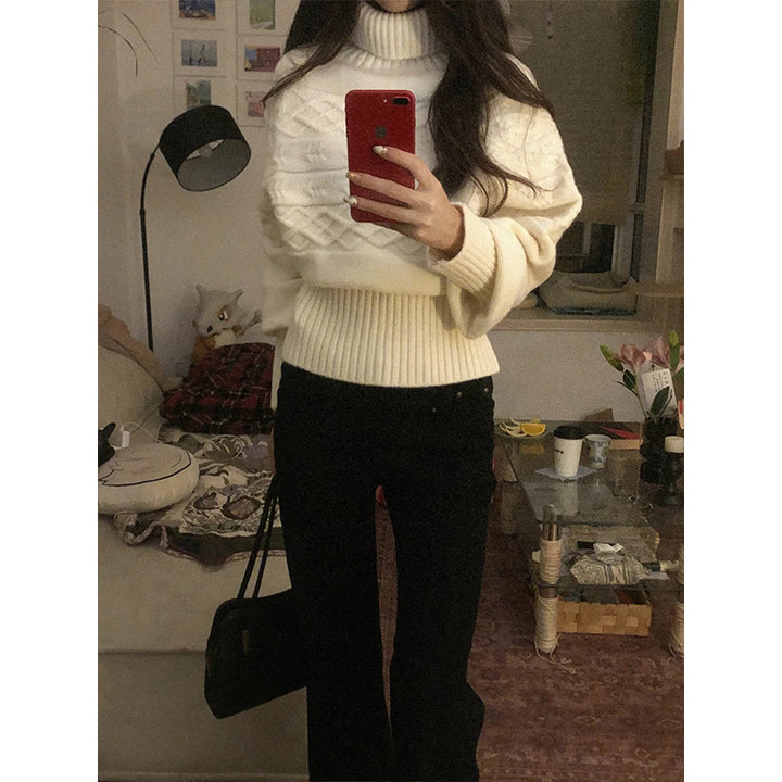 Damen Grobstrickpullover mit hohem Kragen und dekorativem Kabelmuster Drune