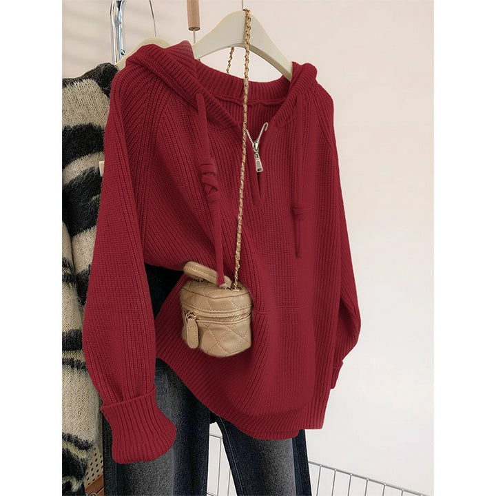 Damen Oversized Strickpullover mit Kapuze und praktischen Reißverschlusstaschen Drune