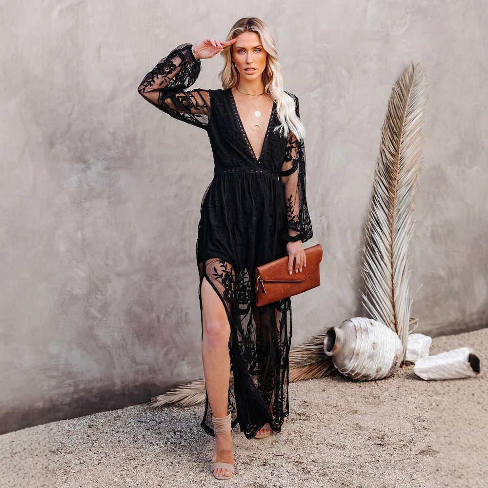 Damen Elegantes Spitzen-Maxikleid mit tiefem V-Ausschnitt und langen Ärmeln Drune