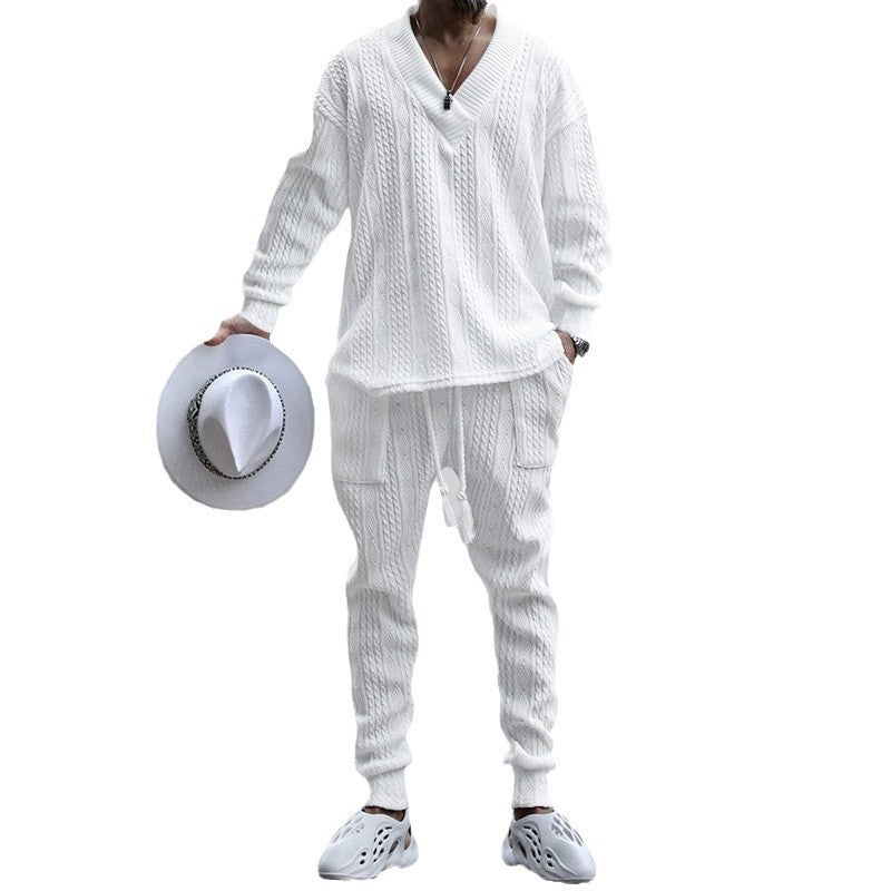Herren nan gestricktes Lounge-Set mit tiefem V‑Ausschnitt, Kordelzug-Jogginghose und Rippbündchen Drune