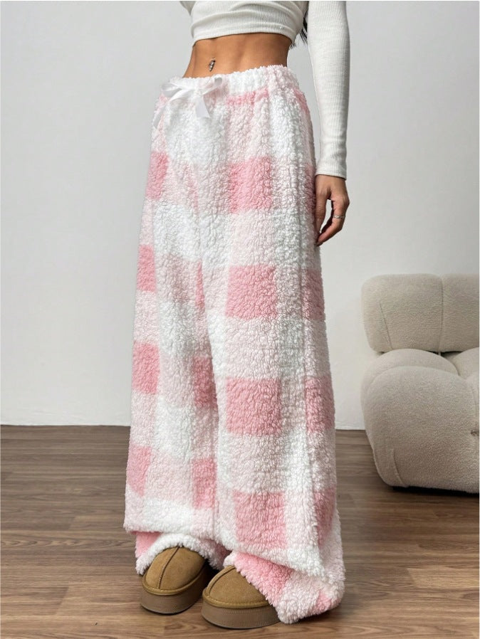 Damen nan kuschelige karierte Fleece-Hose mit Tunnelzugbund und weitem Bein Drune