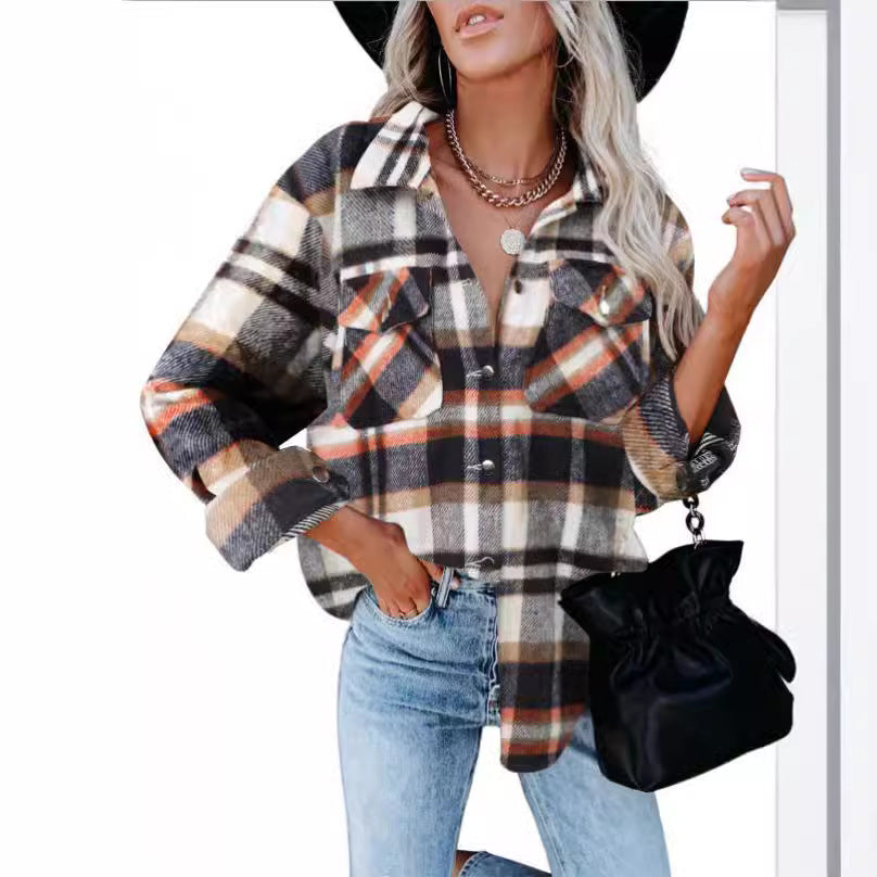 Damen Karierte Flanellbluse mit praktischen Brusttaschen und lässigem Schnitt Drune