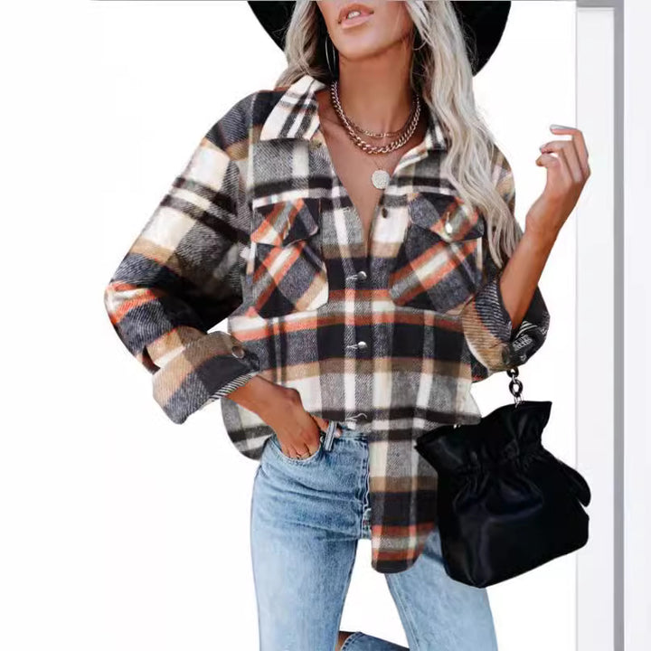Damen Karierte Flanellbluse mit praktischen Brusttaschen und lässigem Schnitt Drune