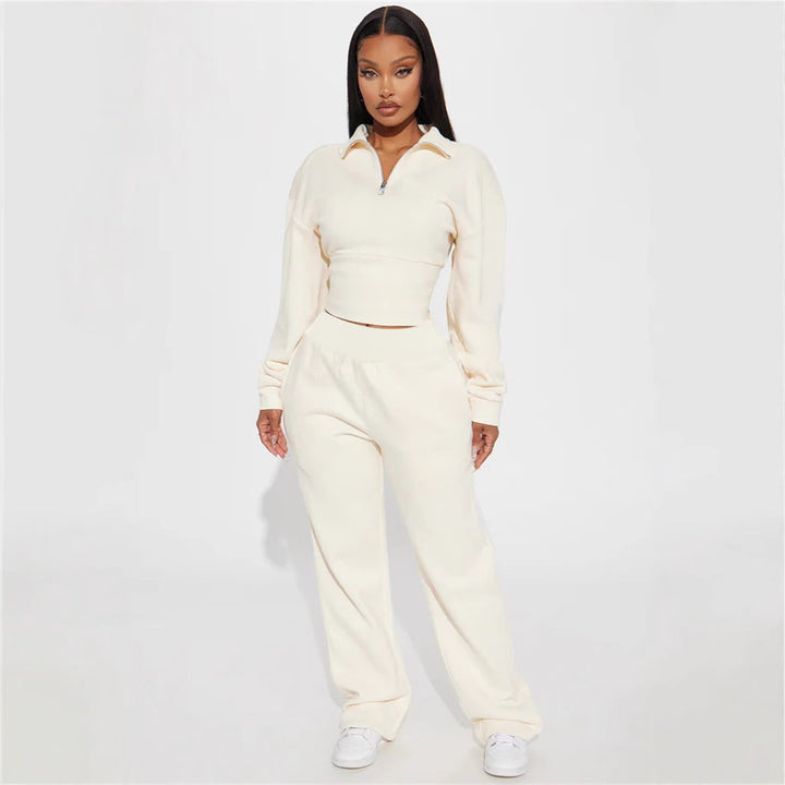 Damen lässiges Oversized Freizeit-Set mit cropped Pullover und weit geschnittenen Hosen Drune