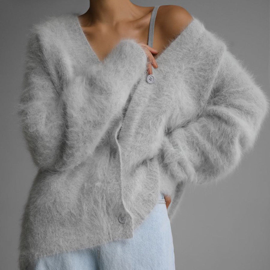 Damen Flauschiger Cardigan mit V-Ausschnitt Drune