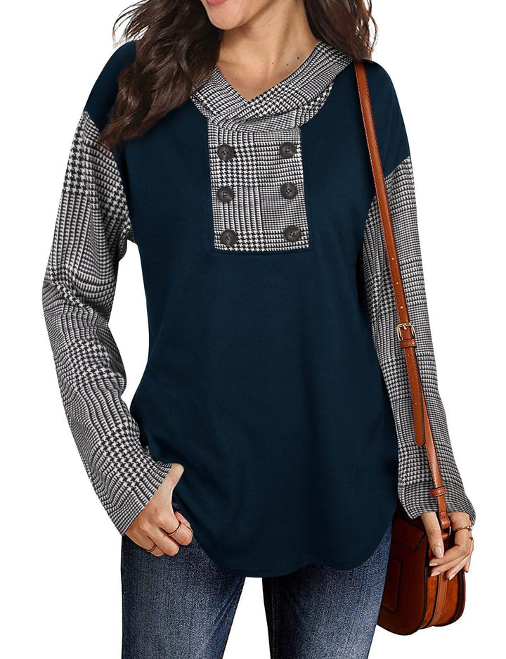 Damen Modische Sweatshirt mit Karomuster und Knopfleiste Drune