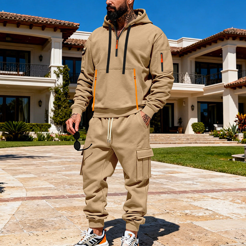 Herren nan urbanes Hoodie-Cargo-Set mit versteckten Reißverschlüssen, Mehrfach-Taschen und elastischem Saum Drune