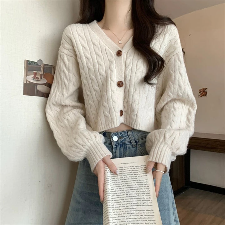 Damen lockerer Strickcardigan mit Zopfmuster und Knopfverschluss Drune